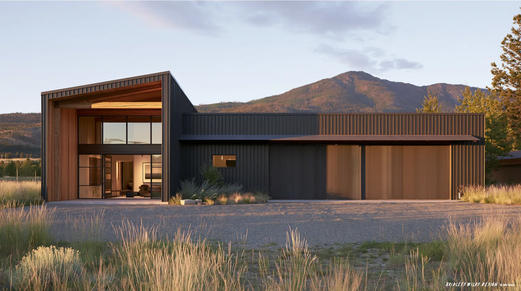 Bitterroot Gear Barn — concept rendering (Gear barn + workshop concept, Bitterroot Valley, Montana)